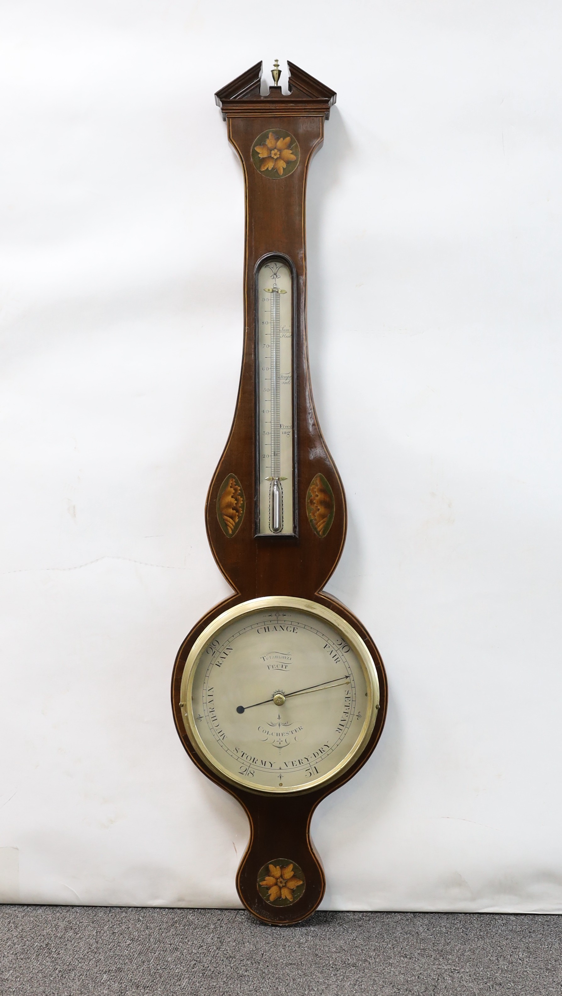 A George III inlaid mahogany wheel barometer, marked Tetamanzi, Colchester, height 99cm